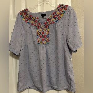 Talbots Light Blue Blouse with Colorful Embroidery